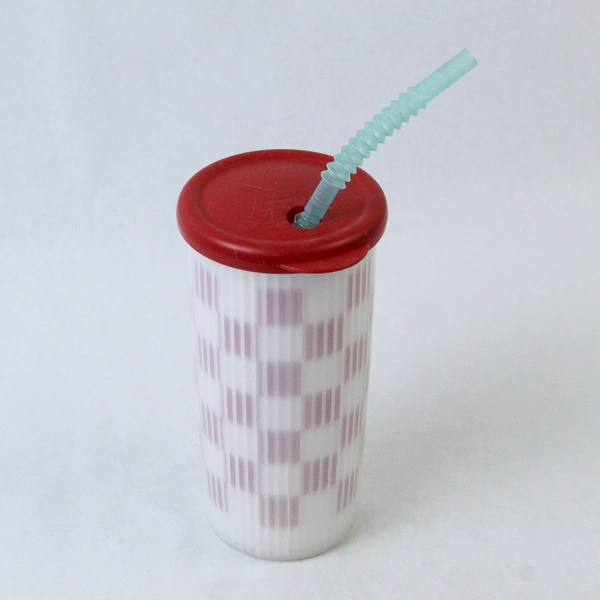 Vintage Tupperware Glass with Red Lid & Straw - Retro Kitchen Collectible