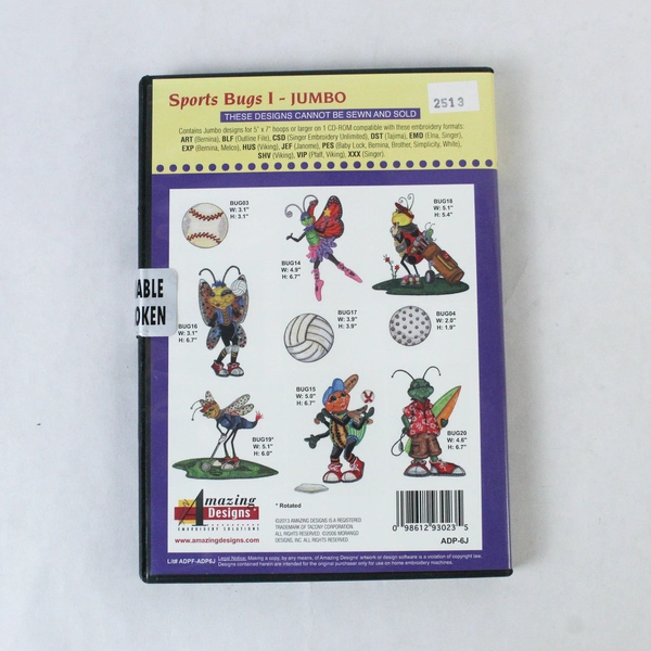Sports Bugs 1 Embroidery Designs CD - Sealed for Windows, 20 Designs ADP-61