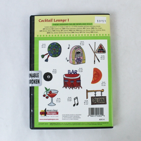 Cocktail Lounge 1 Embroidery Designs CD ADC-5 Sealed Craft Supply