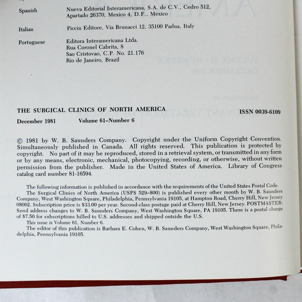 Vintage Surgical Clinics of North America Dec 1981 Vol 61 No 6 Book