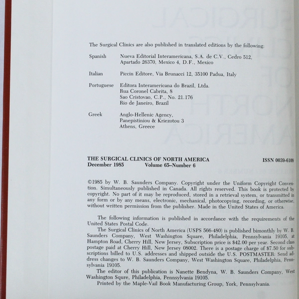 Vintage Surgical Clinics of North America December 1985 Volume 65 No. 6 Book