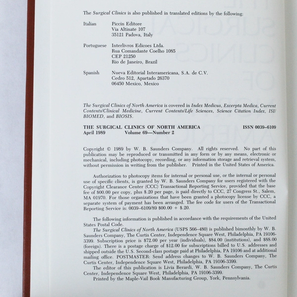 Vintage Surgical Clinics of North America April 1989 Volume 69 No. 2 Book