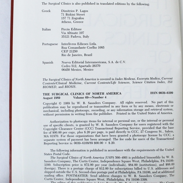 Vintage Surgical Clinics of North America Aug 1989 Vol 69 No 4 Book