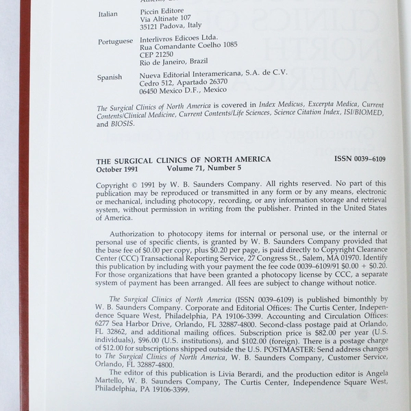 Vintage Surgical Clinics of North America Oct 1991 Vol 71 No 5 Book