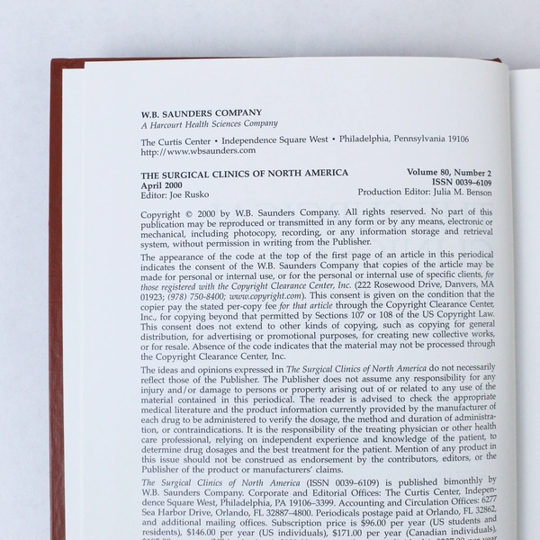 The Surgical Clinics of North America April 2000 Vol 80 No 2 - Good Condition