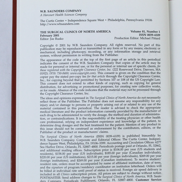 The Surgical Clinics of North America Feb 2001 Vol 81 No 1 - Good Condition