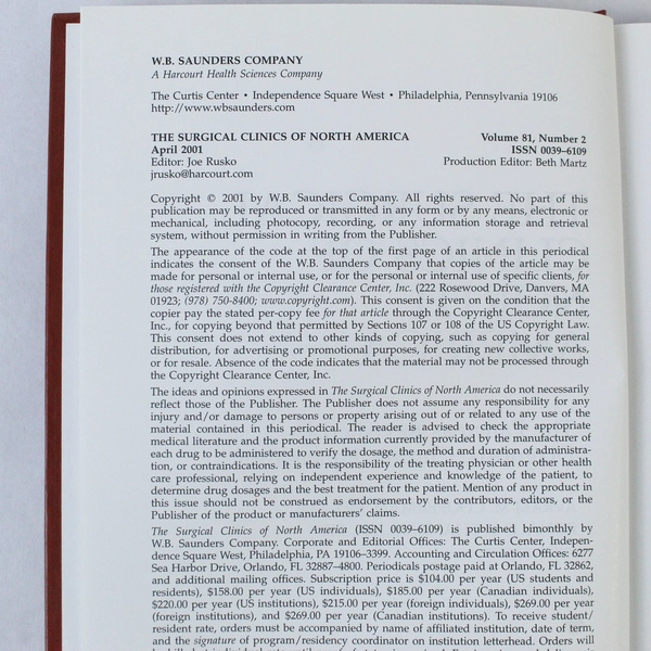 The Surgical Clinics of North America April 2001 Vol 81 No 2 - Good Condition