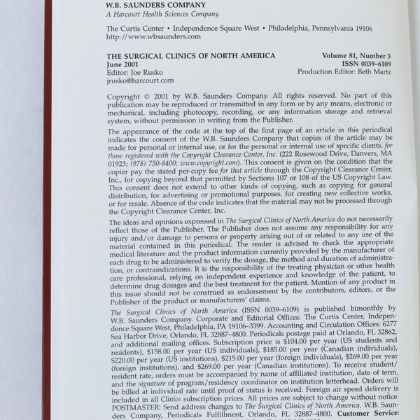 The Surgical Clinics of North America June 2001 Vol 81 No 3 - Good Condition