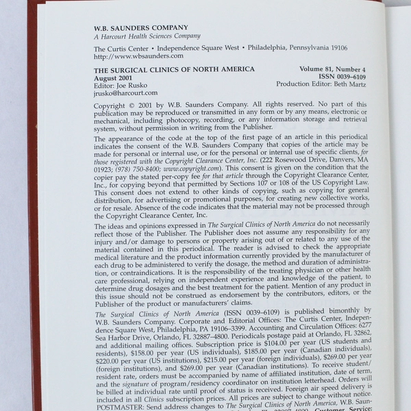 The Surgical Clinics of North America Aug 2001 Vol 81 No 4 - Good Condition