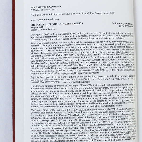 The Surgical Clinics of North America Aug 2002 Vol 82 No 4 Good Condition