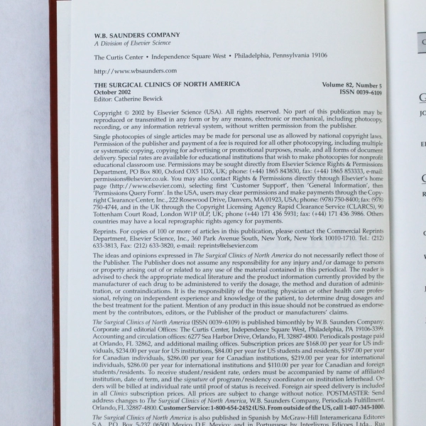 The Surgical Clinics of North America October 2002 Vol 82 No 5 - Good Condition