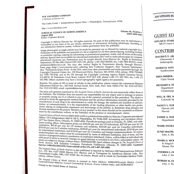 Surgical Clinics of North America August 2004 Vol 84 No 4 - Good Condition