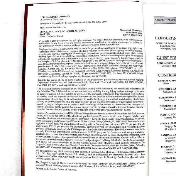 Surgical Clinics of North America April 2006 Vol 86 No 1 - Good Condition