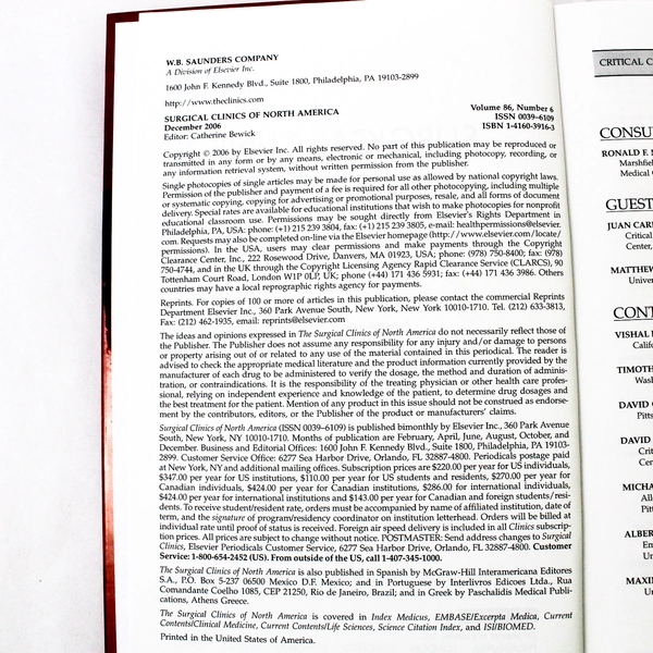 Critical Care of the General Surgeon, Dec 2006, Volume 86, Good Condition