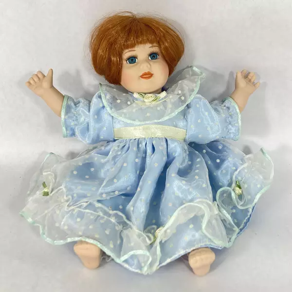 Seymour Mann Porcelain Doll 10 Inch Red Hair Blue Dress
