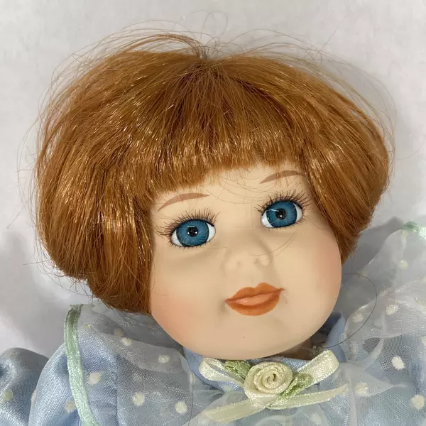 Seymour Mann Porcelain Doll 10 Inch Red Hair Blue Dress
