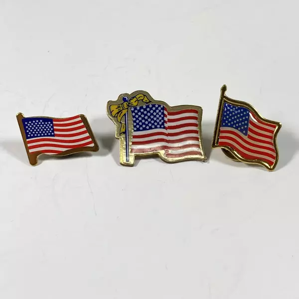 Lot of 3 Brass Enamel US Flag Hat Lapel Pinbacks - Good Condition