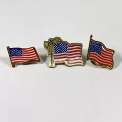 Lot of 3 Brass Enamel US Flag Hat Lapel Pinbacks - Good Condition