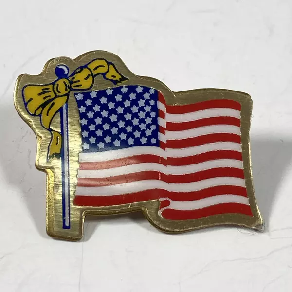 Lot of 3 Brass Enamel US Flag Hat Lapel Pinbacks - Good Condition