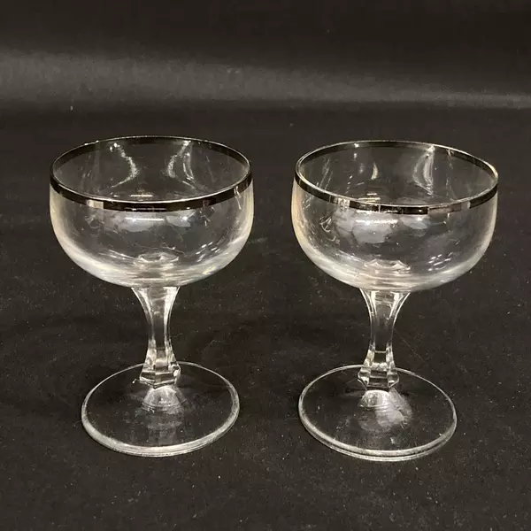 Lot of 2 Crystal Cordial Glasses with Platinum Rims, Hexagon Stem, 3.75"