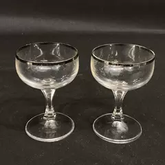 Lot of 2 Crystal Cordial Glasses with Platinum Rims, Hexagon Stem, 3.75"