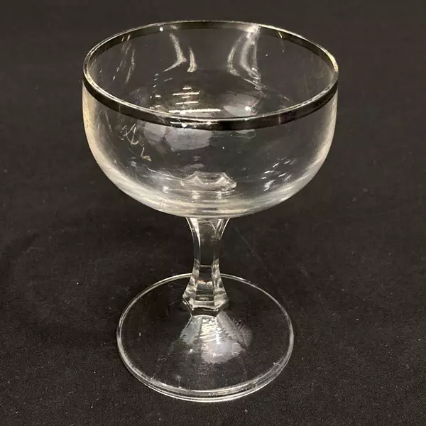 Lot of 2 Crystal Cordial Glasses with Platinum Rims, Hexagon Stem, 3.75"