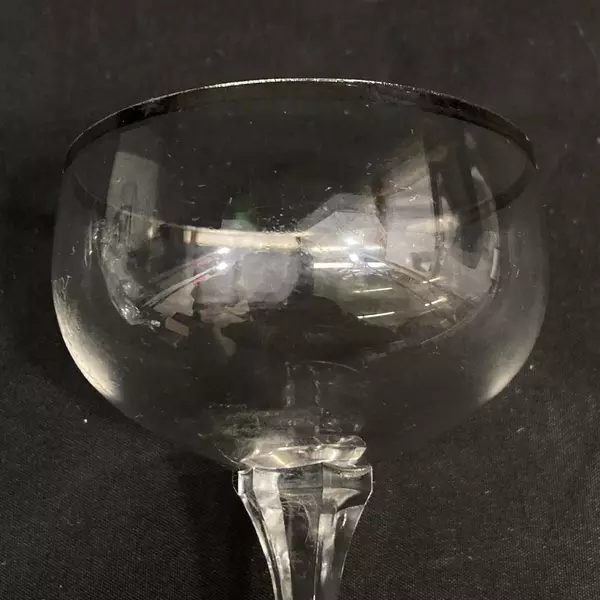 Lot of 2 Crystal Cordial Glasses with Platinum Rims, Hexagon Stem, 3.75"