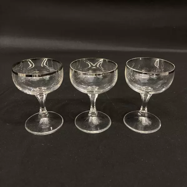 Lot of 3 Crystal Cordial Glasses Platinum Rims Hexagon Stem 3.75"