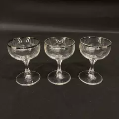 Lot of 3 Crystal Cordial Glasses Platinum Rims Hexagon Stem 3.75"