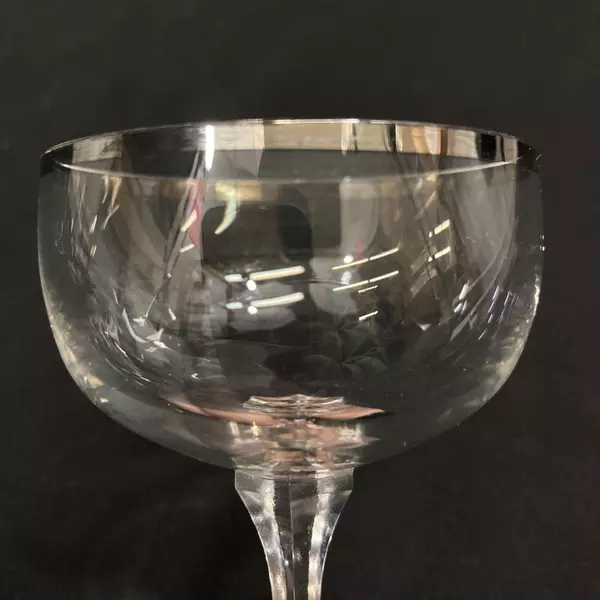 Lot of 3 Crystal Cordial Glasses Platinum Rims Hexagon Stem 3.75"