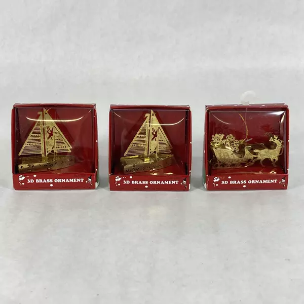 Lot of 3 Vtg 3D Brass Ornaments By Regent Products 2 Sailboats & Santa's Sleigh 