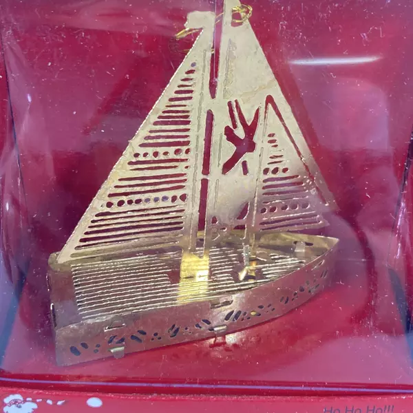 Lot of 3 Vtg 3D Brass Ornaments By Regent Products 2 Sailboats & Santa's Sleigh 