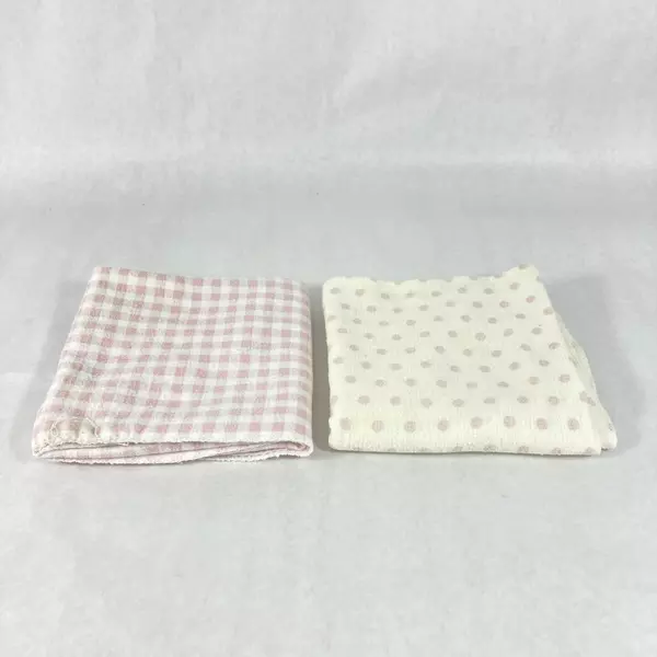 Set of 2 White Baby Receiving Blankets Pink Polka Dots & Checks 26"