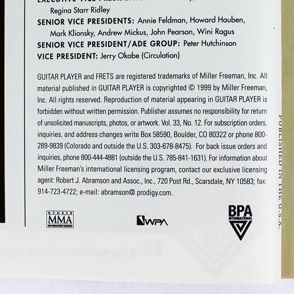 Vintage Guitar Player Magazine Dec 1999 Taj Mahal Issue - Good Condition