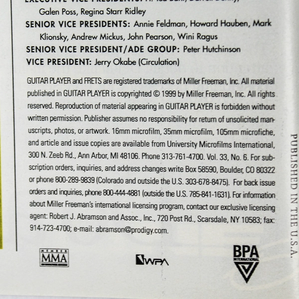 Guitar Player Magazine June 1999 - GP Editors' Pick Awards, Vintage Collectible