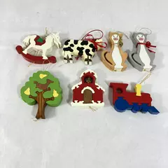 Set of 7 Handmade Wood Puzzle Christmas Ornaments Cat Train Cow