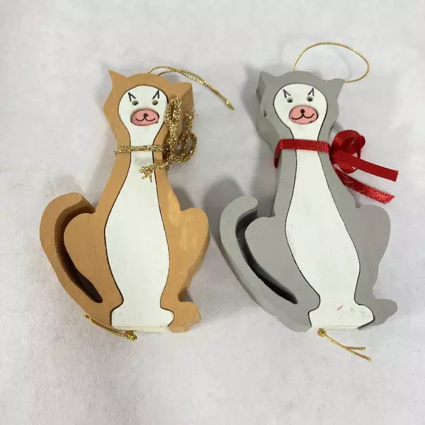 Set of 7 Handmade Wood Puzzle Christmas Ornaments Cat Train Cow