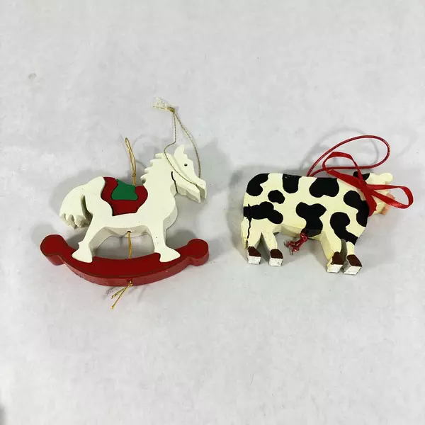 Set of 7 Handmade Wood Puzzle Christmas Ornaments Cat Train Cow
