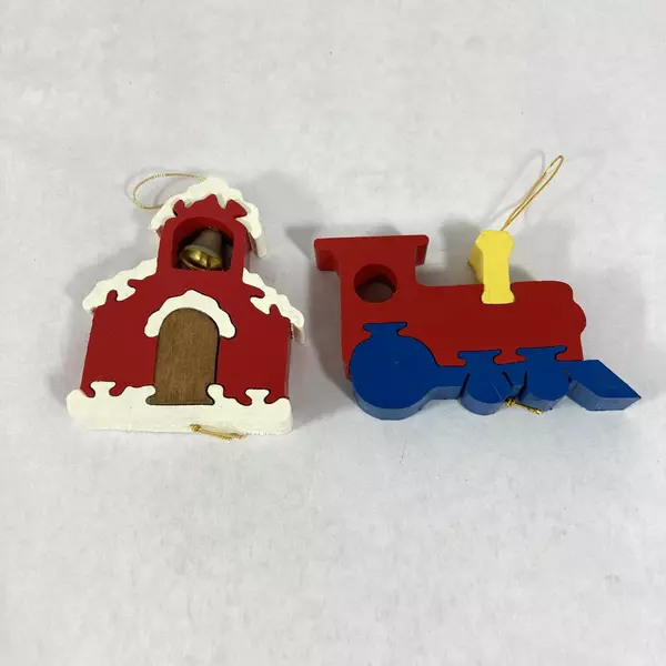 Set of 7 Handmade Wood Puzzle Christmas Ornaments Cat Train Cow