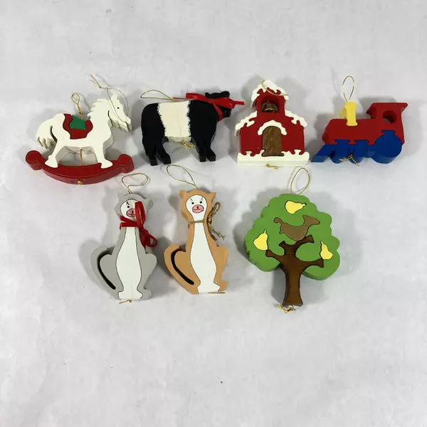 Set of 7 Assorted Handmade Wood Puzzle Christmas Ornaments Church Rocking Horse