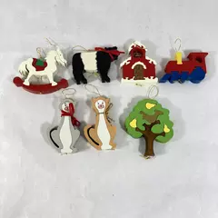 Set of 7 Assorted Handmade Wood Puzzle Christmas Ornaments Church Rocking Horse