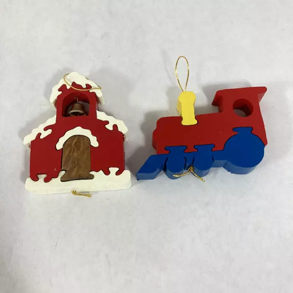 Set of 7 Assorted Handmade Wood Puzzle Christmas Ornaments Church Rocking Horse