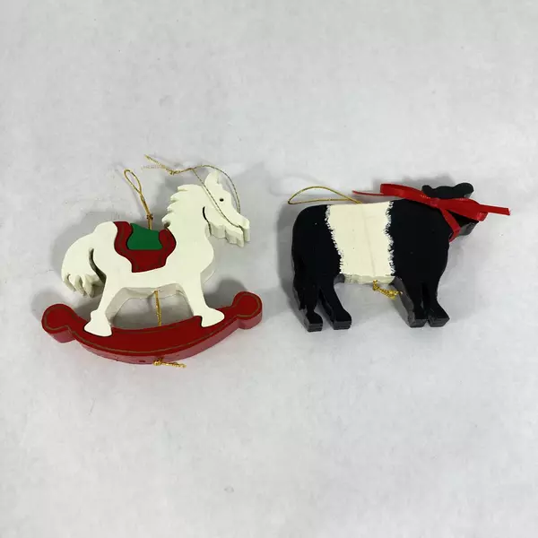 Set of 7 Assorted Handmade Wood Puzzle Christmas Ornaments Church Rocking Horse