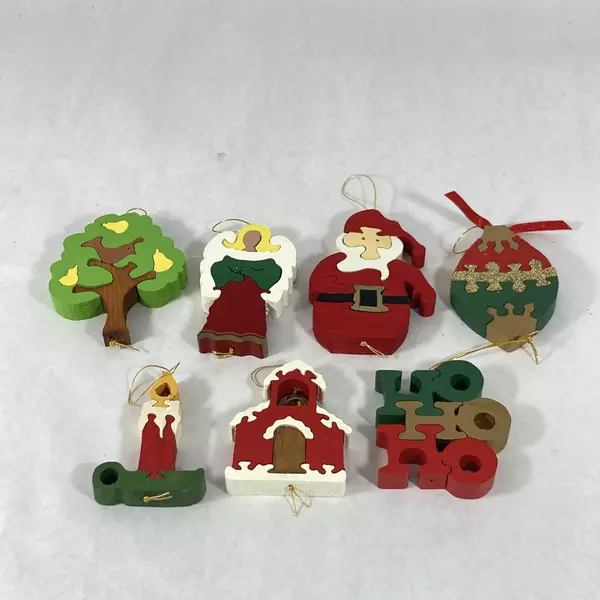Set of 7 Handmade Wood Puzzle Christmas Ornaments HoHoHo Angel & More