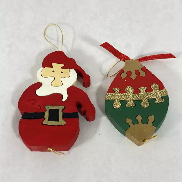 Set of 7 Handmade Wood Puzzle Christmas Ornaments HoHoHo Angel & More