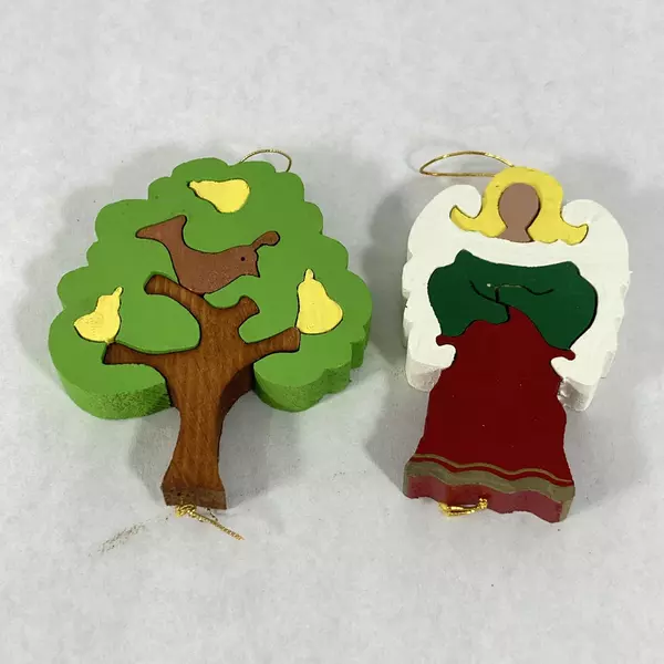 Set of 7 Handmade Wood Puzzle Christmas Ornaments HoHoHo Angel & More