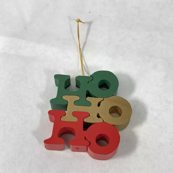 Set of 7 Handmade Wood Puzzle Christmas Ornaments HoHoHo Angel & More