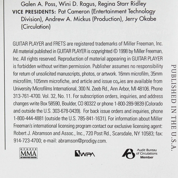 Guitar Player Magazine November 1998 - Brian Setzer The King of Swing