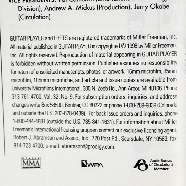 Vintage Guitar Player Magazine Sept 1998 Ray Davies The Kinks Good Condition