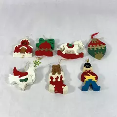 Set of 7 Handmade Wood Puzzle Christmas Ornaments Dove Bell Stocking